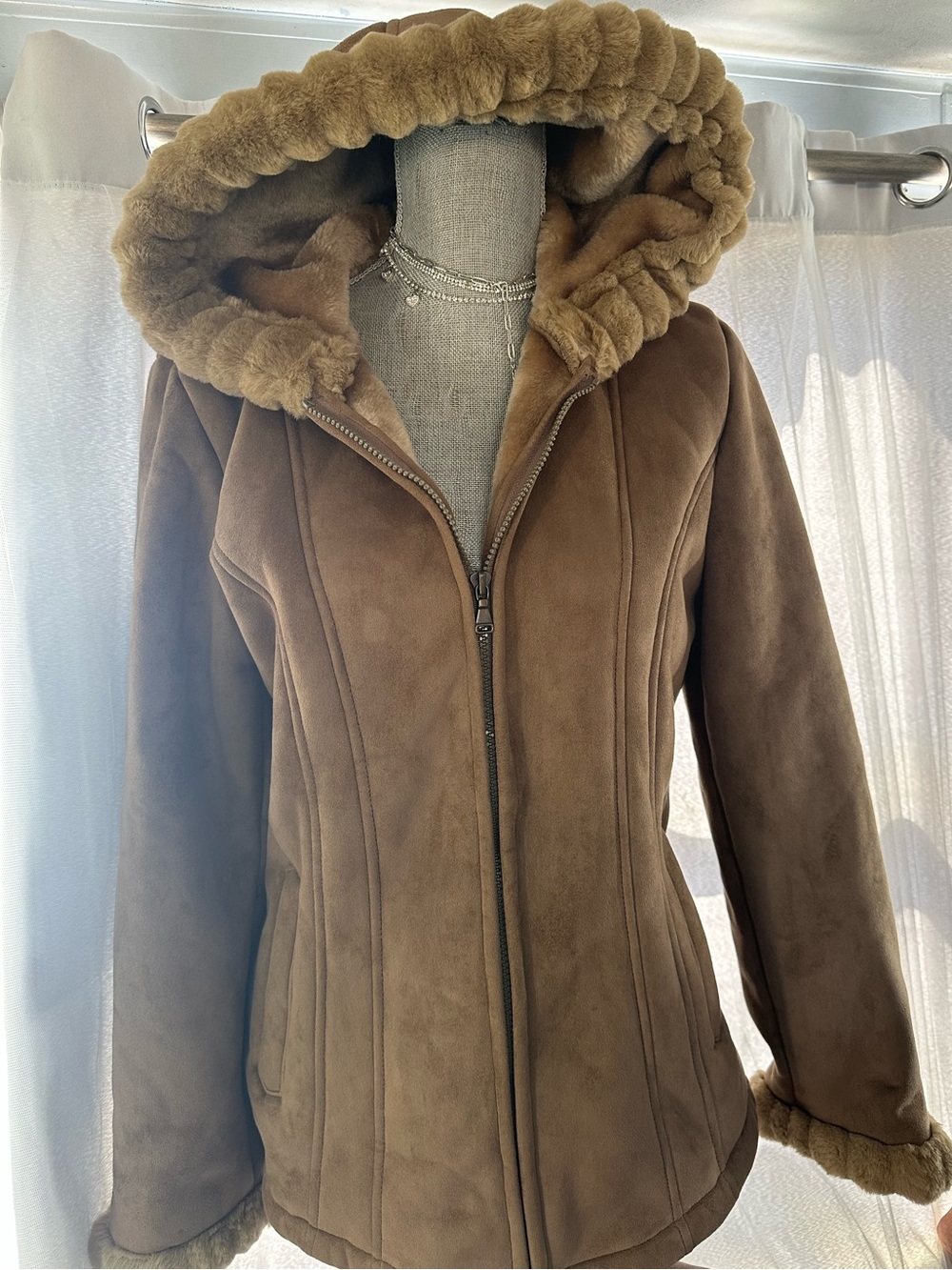 Sonoma Brown Faux Suede Hooded Jacket with Plush Trim